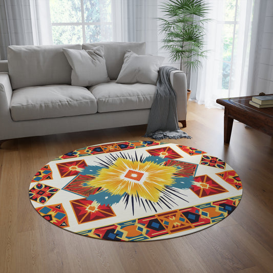 A round rug with a bold, colorful African-inspired geometric and starburst pattern lies on a wooden floor in front of a light gray sofa. A green potted plant and wooden coffee table are nearby, while sheer white curtains cover tall windows, letting in natural light.
