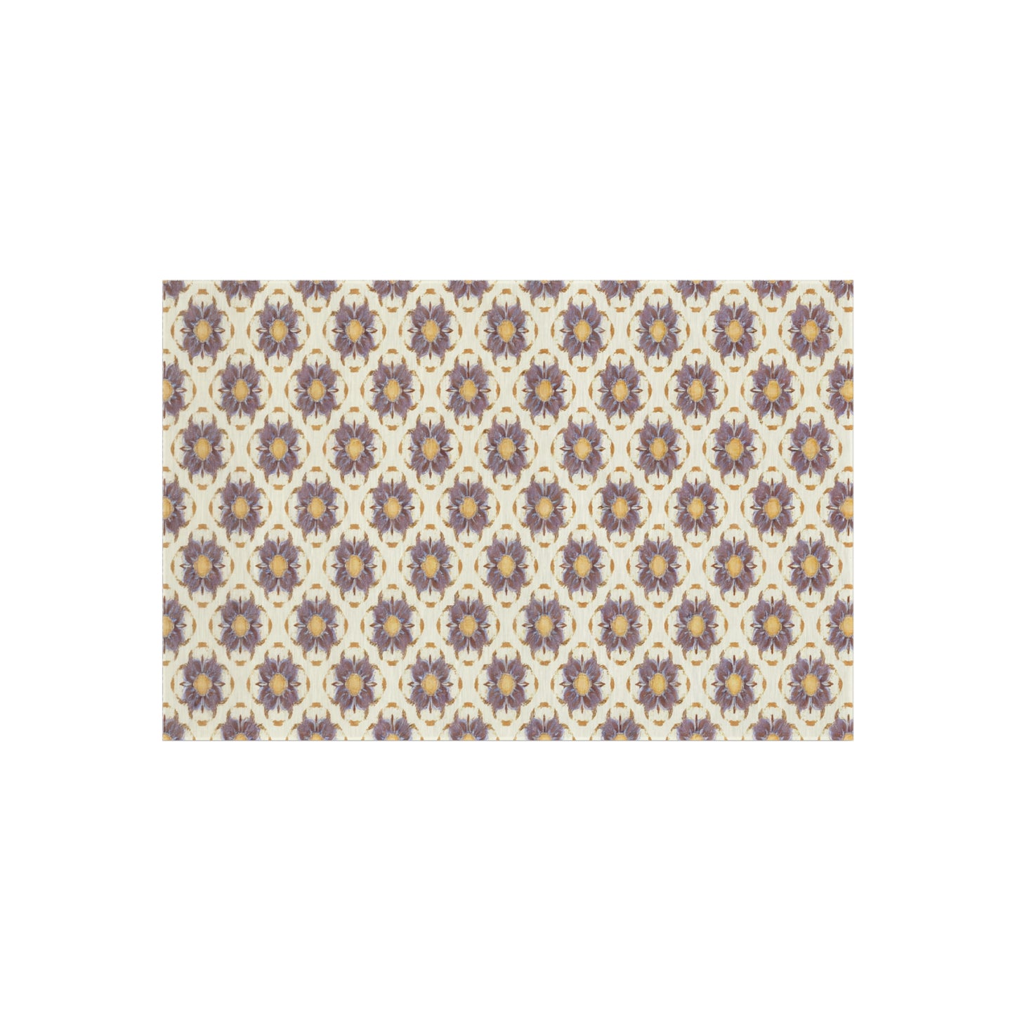 A repeating pattern of African-inspired purple and yellow floral motifs with green accents, arranged in evenly spaced rows and columns on a beige background, creating a decorative, symmetrical, vintage-style design.