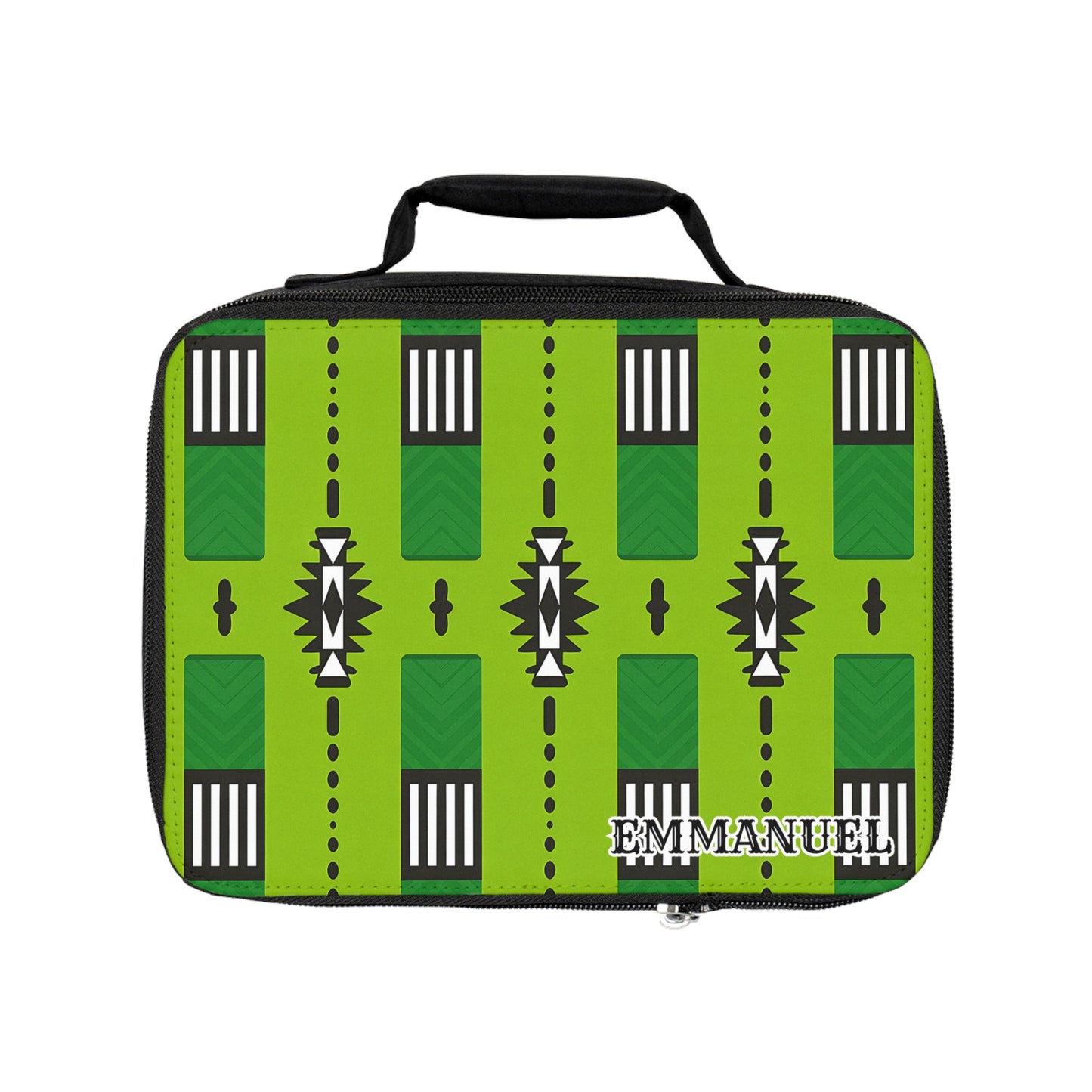 A bright green African-inspired lunch bag with a black handle features geometric patterns in black, white, and dark green. Rectangles, triangles, and zigzags decorate the insulated lunch tote with “EMMANUEL” printed boldly in white on the lower right corner.