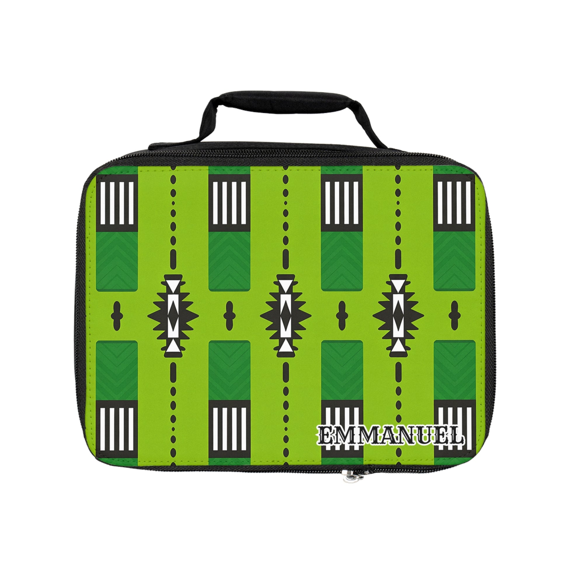 A bright green African-inspired lunch bag with a black handle features geometric patterns in black, white, and dark green. Rectangles, triangles, and zigzags decorate the insulated lunch tote with “EMMANUEL” printed boldly in white on the lower right corner.