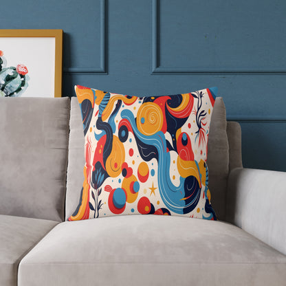 A vibrant throw pillow with an abstract, colorful design featuring swirls, waves, and dots in red, yellow, blue, orange, and white rests on a light gray sofa against a blue wall. A framed cactus artwork stands next to the sofa.