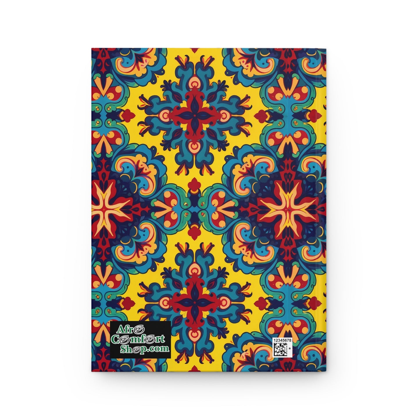 A vibrant African-inspired journal cover displays an intricate, symmetrical pattern of blue, red, and orange shapes on a yellow background. The bottom left includes a logo reading AfroComixArtshop.com and a QR code. The design is bold and richly detailed.