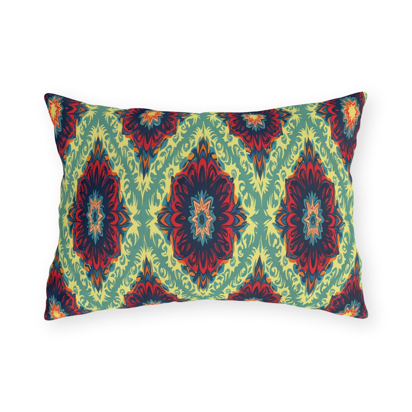 Rectangular pillow with a bold African-inspired geometric pattern in red, navy blue, and orange on a light green background. The symmetrical diamond and starburst design creates a vibrant, modern, and decorative look against the plain white backdrop.