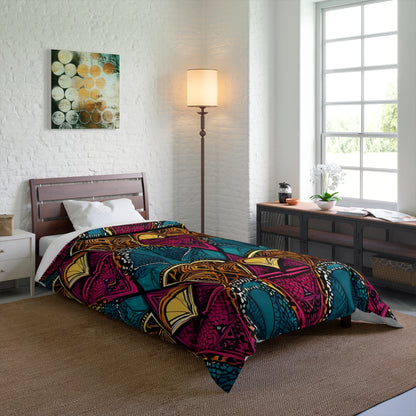 A modern bedroom with a single bed covered by a colorful African-inspired geometric-patterned comforter, a white pillow, tall floor lamp, large sunlit window, and a long console table with décor against a white brick wall.