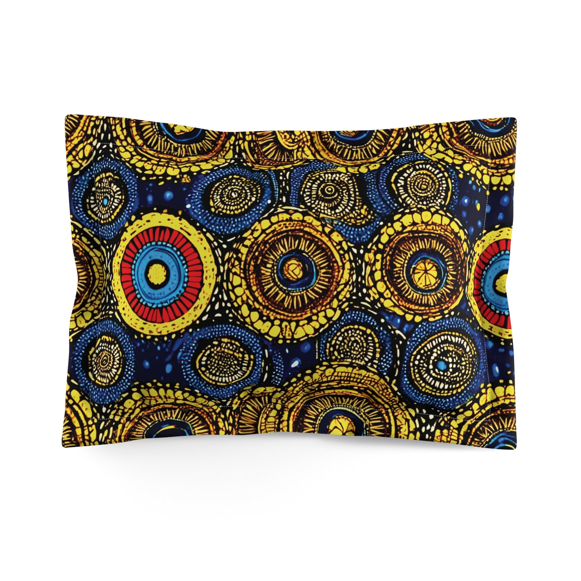 A pillowcase featuring a vibrant, abstract pattern of concentric circles in yellow, blue, red, and black, resembling traditional African designs. These premium pillow shams offer a lively and dynamic appearance to elevate any space.