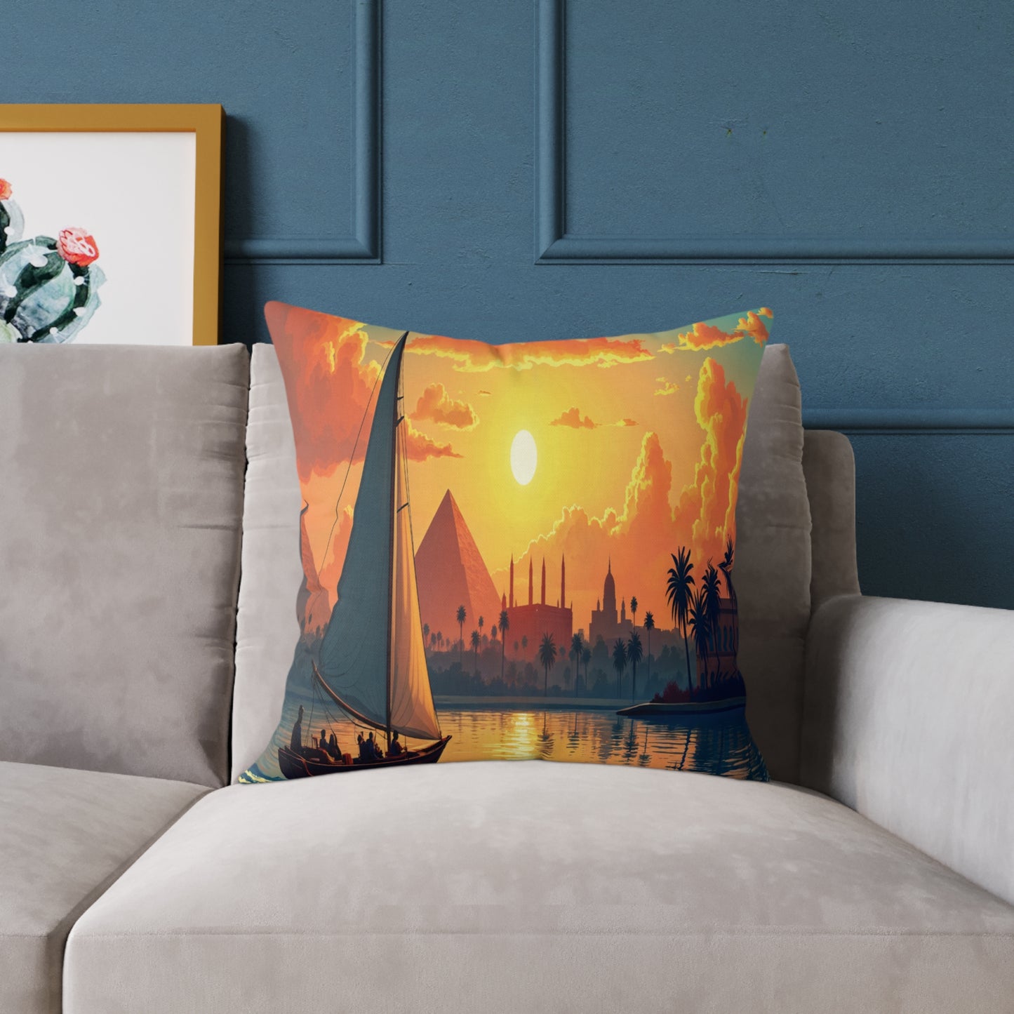 A beige sofa with a vibrant, African-inspired pillow—printed with an Egyptian scene of a sailboat on the Nile, pyramids, mosque, and palm trees at sunset—sits against a blue wall. A framed cactus print is partially visible on the left.