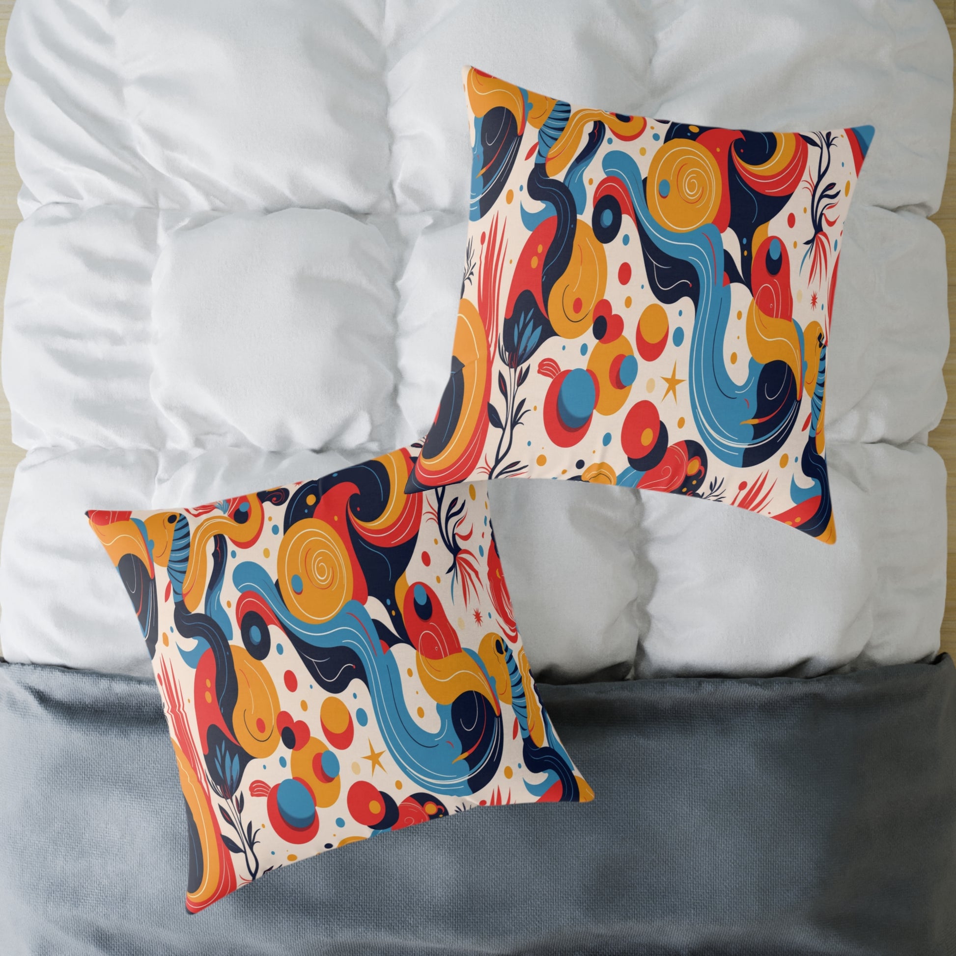 Two square, African-inspired pillows with bright abstract designs in blue, yellow, red, and black rest on a white tufted comforter and gray blanket. The vibrant home decor features swirls, dots, and organic shapes for a lively touch.