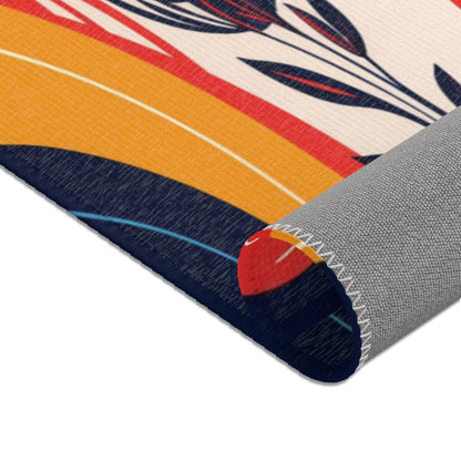 A close-up of a rolled edge of a colorful fabric mat with visible stitching. Crafted from durable polyester chenille, the design features curved shapes and navy stylized leaves—perfect for stylish home decor. The backing is textured light gray.