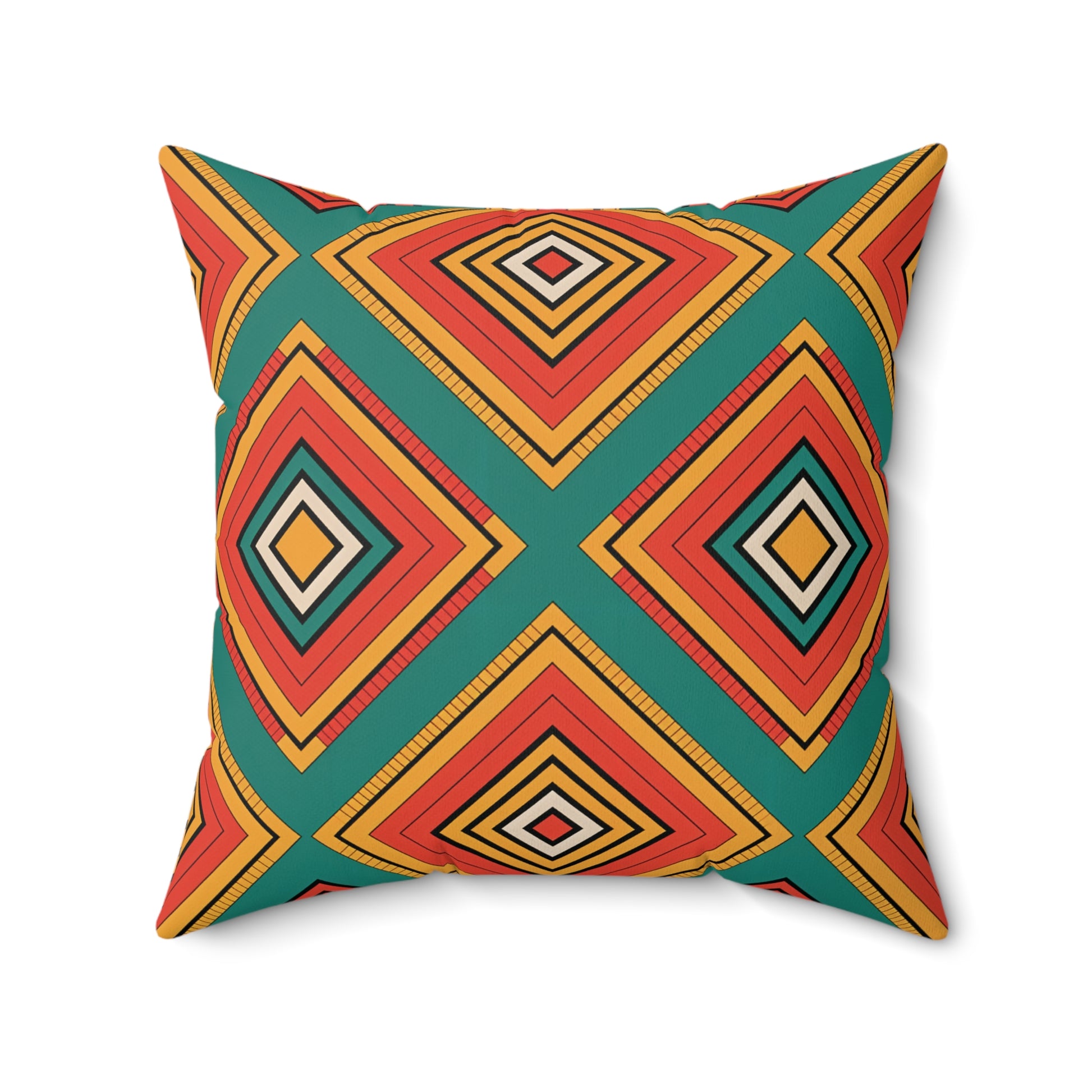 A square African accent pillow with a bold geometric pattern. Layered diamond shapes in red, orange, yellow, and black pop on a green background, creating a vibrant effect. This faux suede pillow offers soft comfort with sharp, clean lines.