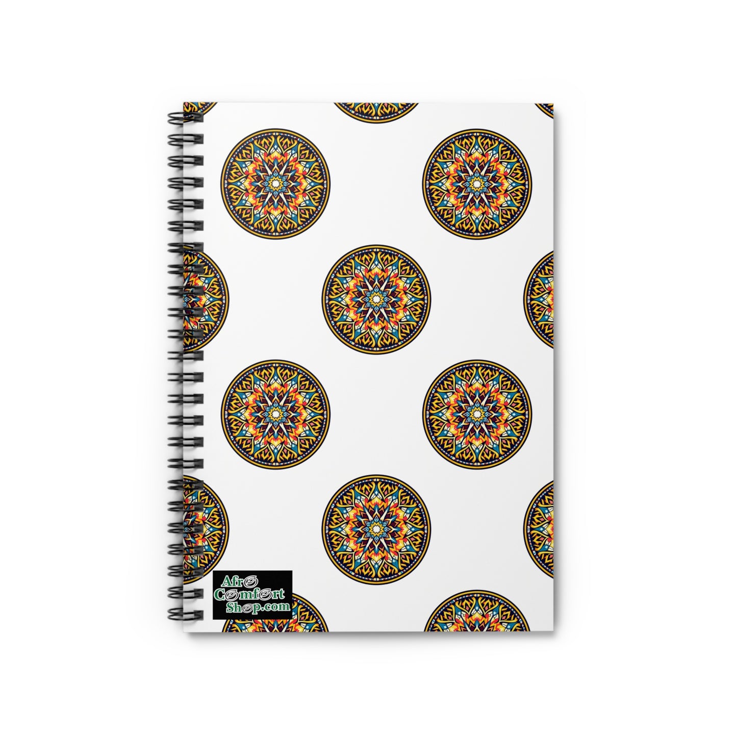 A premium writing journal, this spiral-bound notebook features a white cover adorned with a repeating pattern of intricate, colorful mandalas inspired by African art. A small black label on the bottom left corner reads, Allies Content Kingdom.