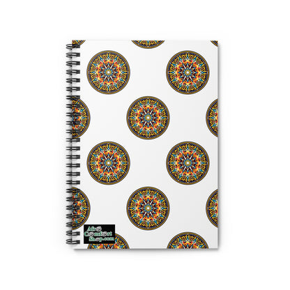 A premium writing journal, this spiral-bound notebook features a white cover adorned with a repeating pattern of intricate, colorful mandalas inspired by African art. A small black label on the bottom left corner reads, Allies Content Kingdom.