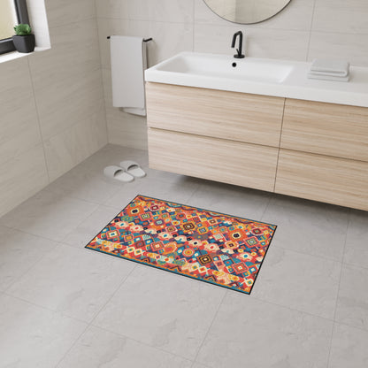A modern bathroom with light beige tiles, a wooden vanity with a white sink, mirror, towel, and white slippers. A colorful, African-inspired floor mat with geometric patterns adds style and safety near the sink as natural light fills the space.