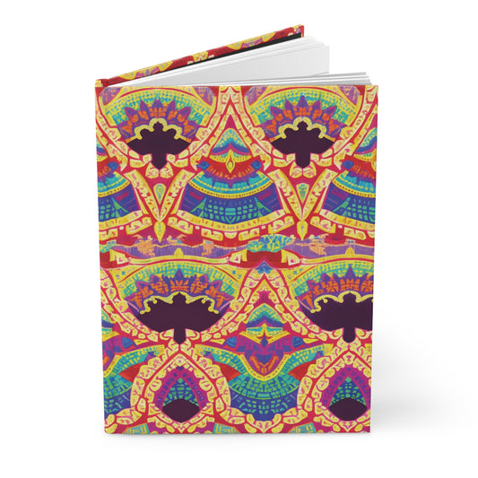 An African-inspired notebook with a vibrant, symmetrical pattern in yellow, red, purple, blue, and green. Intricate geometric and floral elements form repeating arches across the cover. This hardcover journal stands upright, slightly open.