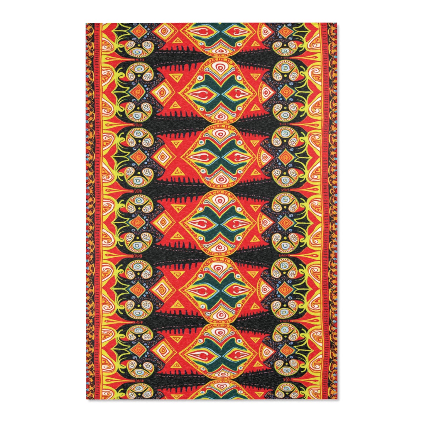 A vibrant, symmetrical textile inspired by African design rugs, featuring bold red, black, yellow, and green geometric and abstract patterns. Concentric circles, triangles, and wavy lines create a stylish kaleidoscopic effect with repeating border details.