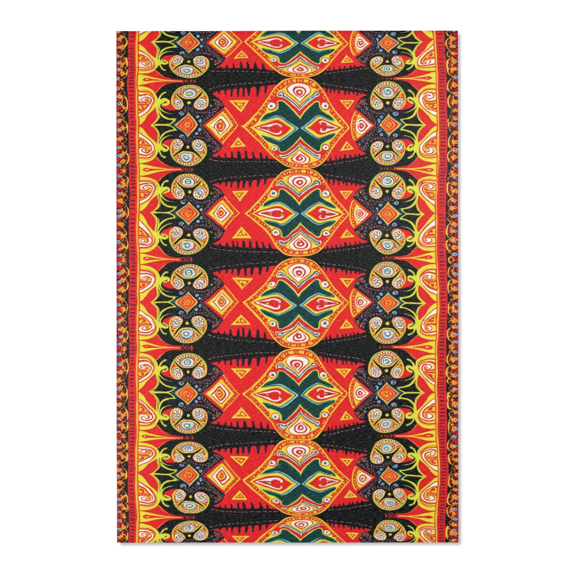 A vibrant, symmetrical textile inspired by African design rugs, featuring bold red, black, yellow, and green geometric and abstract patterns. Concentric circles, triangles, and wavy lines create a stylish kaleidoscopic effect with repeating border details.