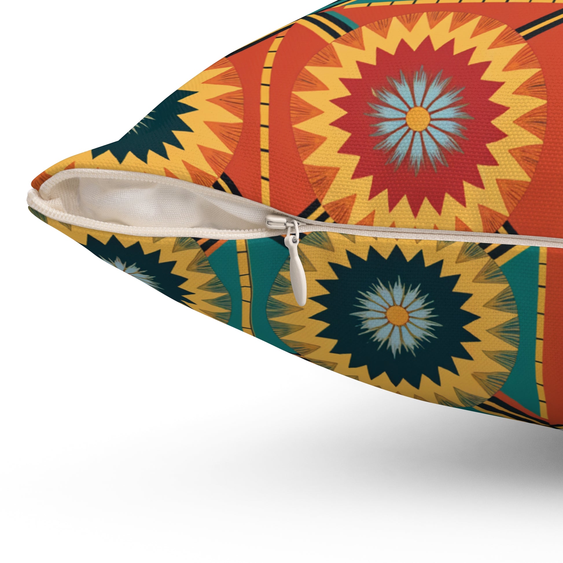 Close-up of a decorative pillow with a partially open white zipper. The pillow features vibrant, African-inspired designs with starburst patterns in red, yellow, blue, and teal on a dark orange background. The textured fabric adds unique decor appeal.