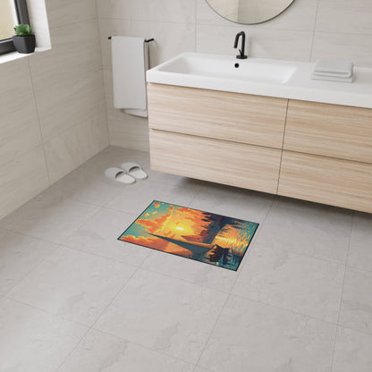 A modern, bright bathroom with light gray tile floor and walls. A wooden vanity with a white sink and black faucet sits beneath a round mirror. The colorful custom floor mat features a sunset over a lake with trees and a canoe. White slippers are nearby.