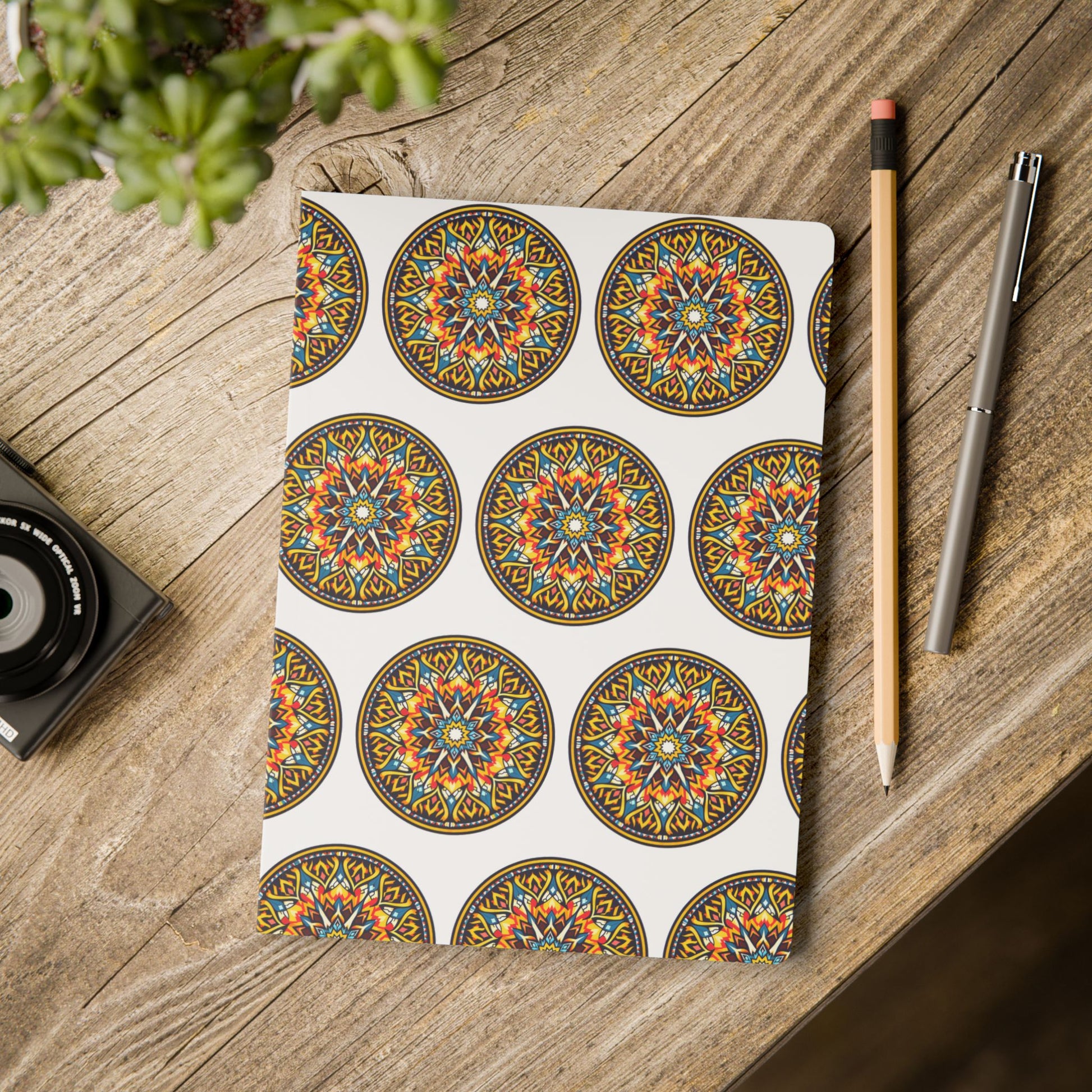 A vibrant African-inspired journal with a colorful mandala pattern cover rests on a wooden table. Nearby are a pencil, pen, and camera, perfect for creative journaling. A leafy green plant peeks in under soft natural light.