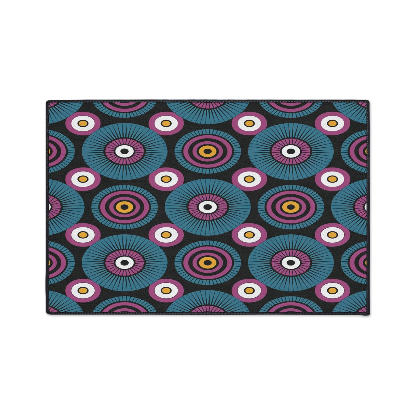 A rectangular custom floor mat featuring a repeating geometric pattern of concentric circles in blue, purple, white, yellow, and red on a black background for an African-inspired, vibrant, eye-catching, and symmetrical design.