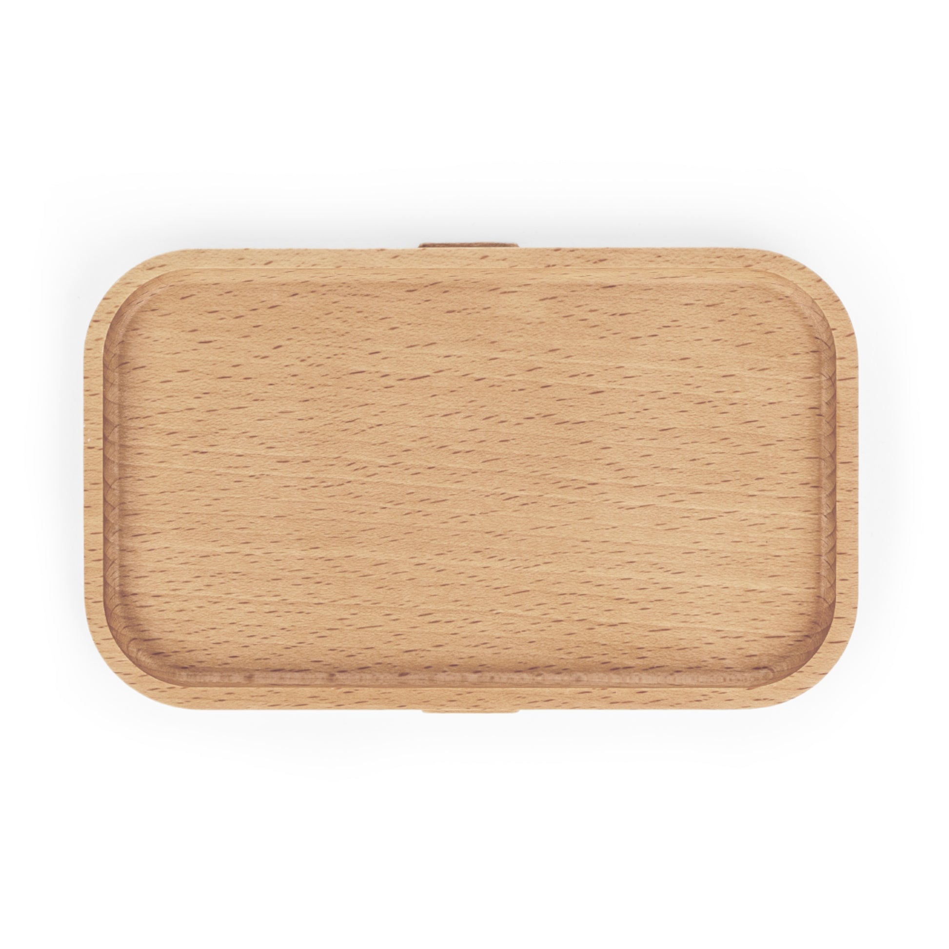 A rectangular, light-colored wooden tray with rounded corners and raised edges is shown on a white background. Its smooth finish and minimalist design make it perfect for displaying a custom lunch box or personalized bento lunch box.