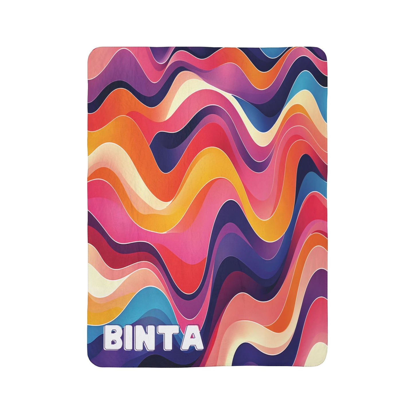 A rectangular, African-inspired fleece blanket featuring wavy, overlapping lines in vibrant colors like orange, pink, purple, blue, and yellow. The bold white text BINTA appears in uppercase near the bottom left corner on a plain white background.
