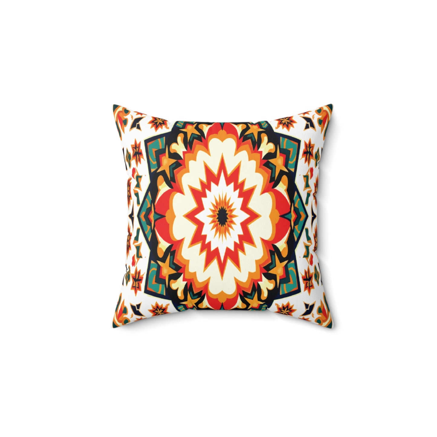 Square throw pillow with a vibrant African-inspired geometric mandala design in orange, yellow, red, green, and black on a white background. The pattern features a central starburst surrounded by symmetrical motifs and decorative borders.