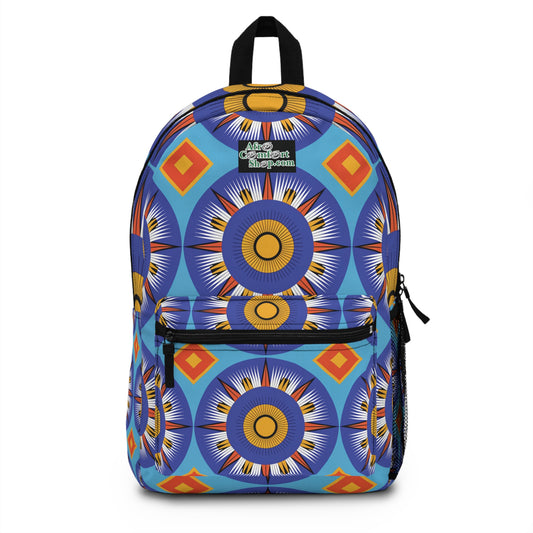 A boho chic rucksack featuring vibrant designs in blue, orange, yellow, and red. Radiating circles and diamond shapes create an African-inspired backpack with a zippered front pocket, “Afro Content Shop.com” patch, black handle, and mesh side pocket.