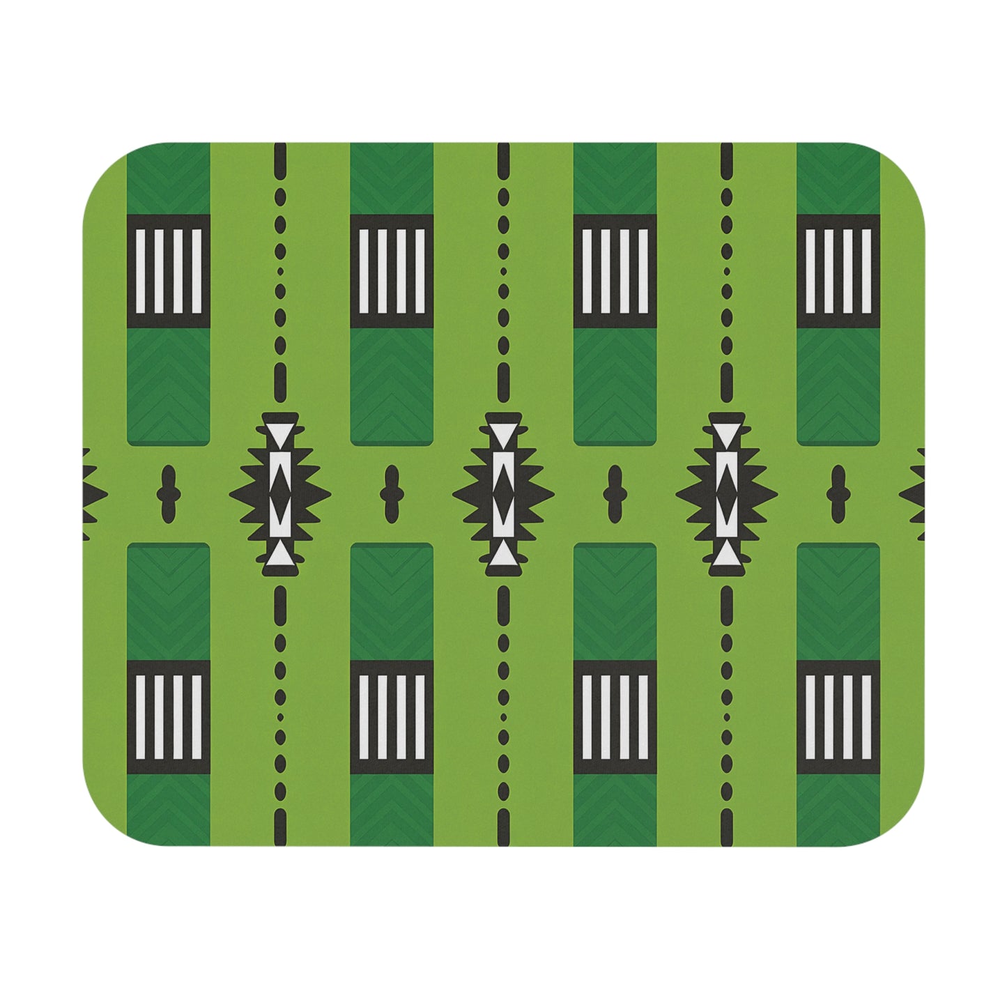 A geometric pattern features vertical green stripes with darker chevron details. Black rectangles with white vertical bars alternate with abstract sunburst shapes along the stripes. This creative desk accessory has a non-slip rubber base and an African-inspired mouse pad design.