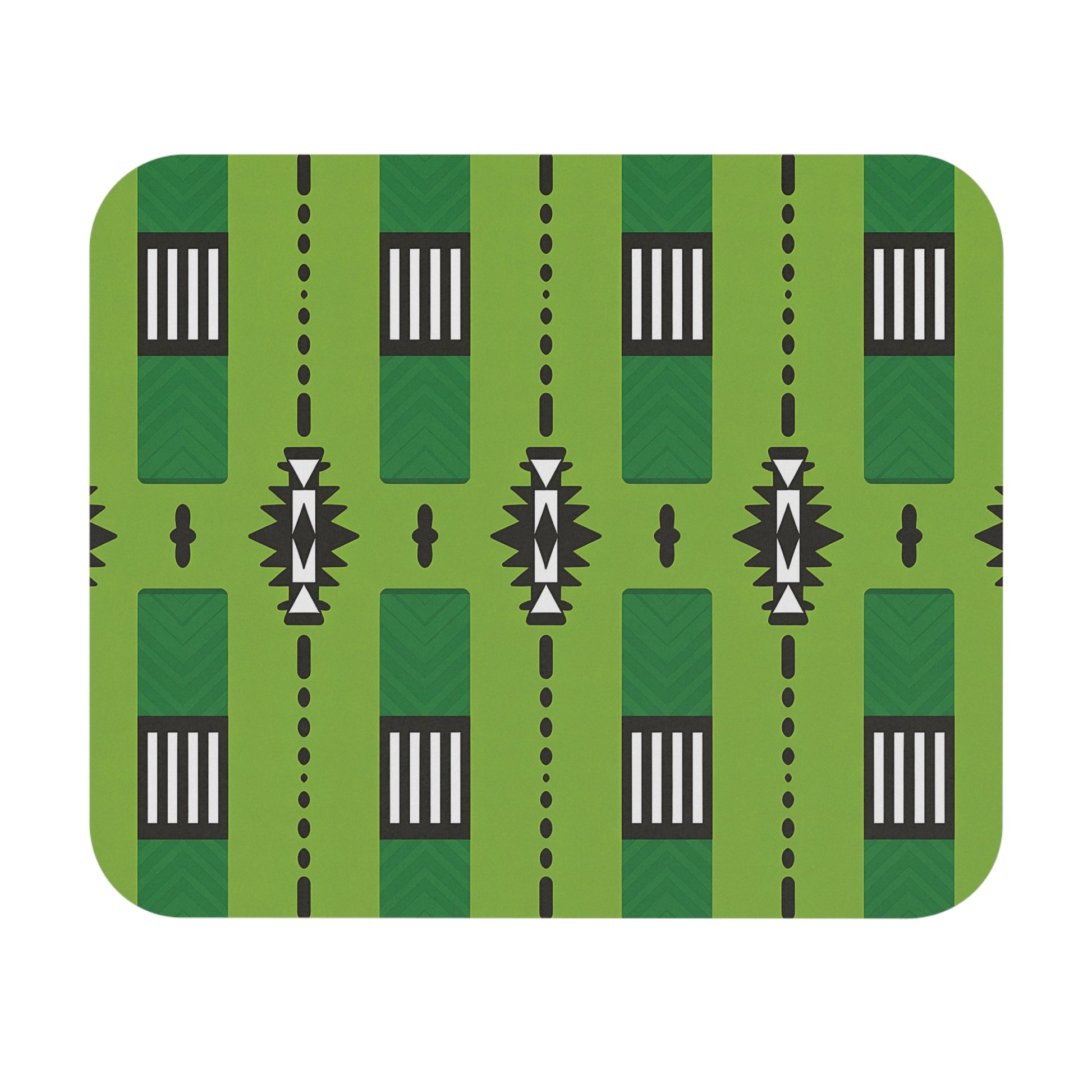 A geometric pattern features vertical green stripes with darker chevron details. Black rectangles with white vertical bars alternate with abstract sunburst shapes along the stripes. This creative desk accessory has a non-slip rubber base and an African-inspired mouse pad design.