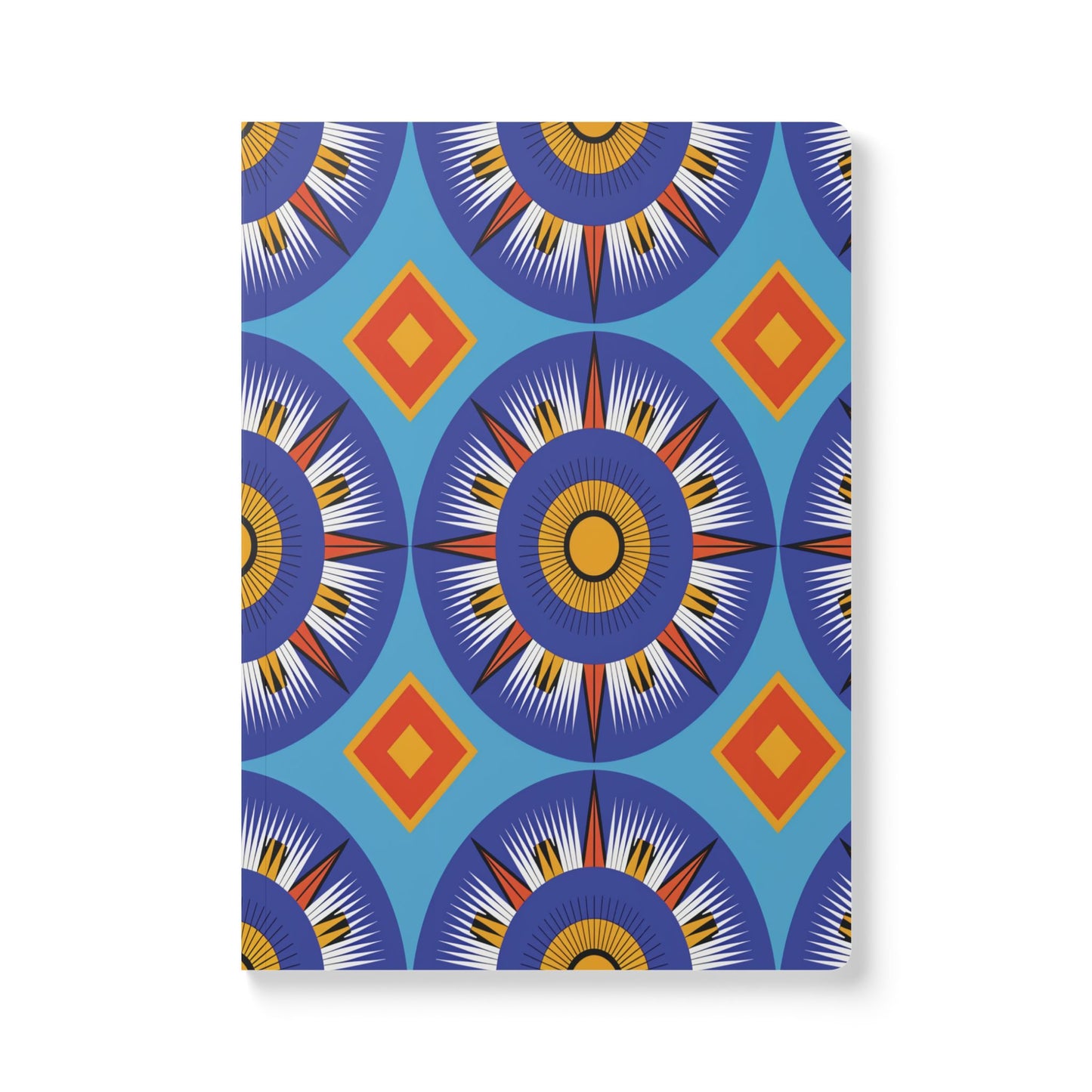 A notebook cover featuring a bright geometric pattern of blue, yellow, orange, and white radial starbursts and diamond shapes on a light blue background. Perfect for daily journaling, this bold and symmetrical design gives your creative journal a vibrant, eye-catching look.