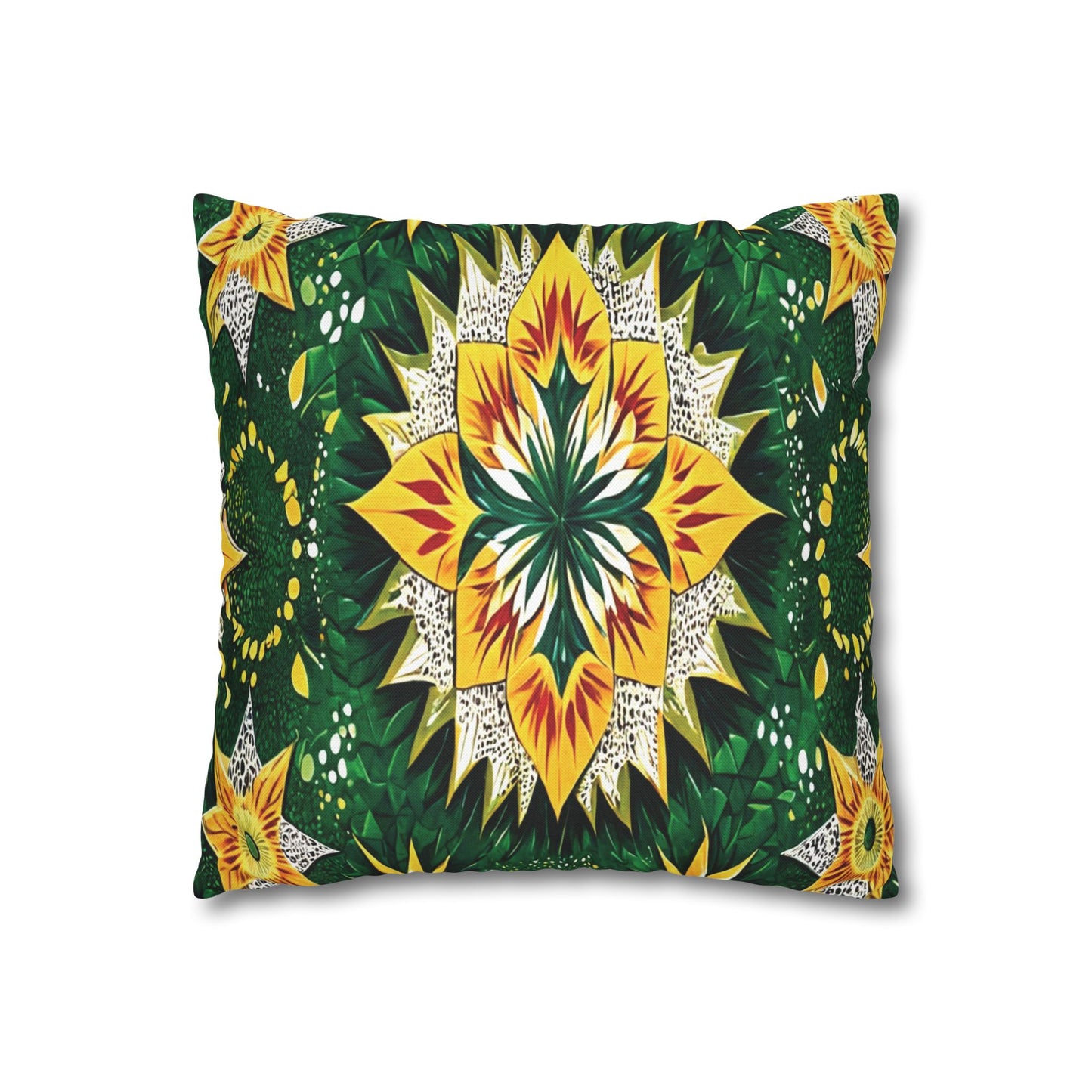 Rectangular pillow with a vibrant mandala design inspired by African-inspired patterns. Yellow, green, and white geometric shapes radiate from the center against a dark green background with textured, leafy details.