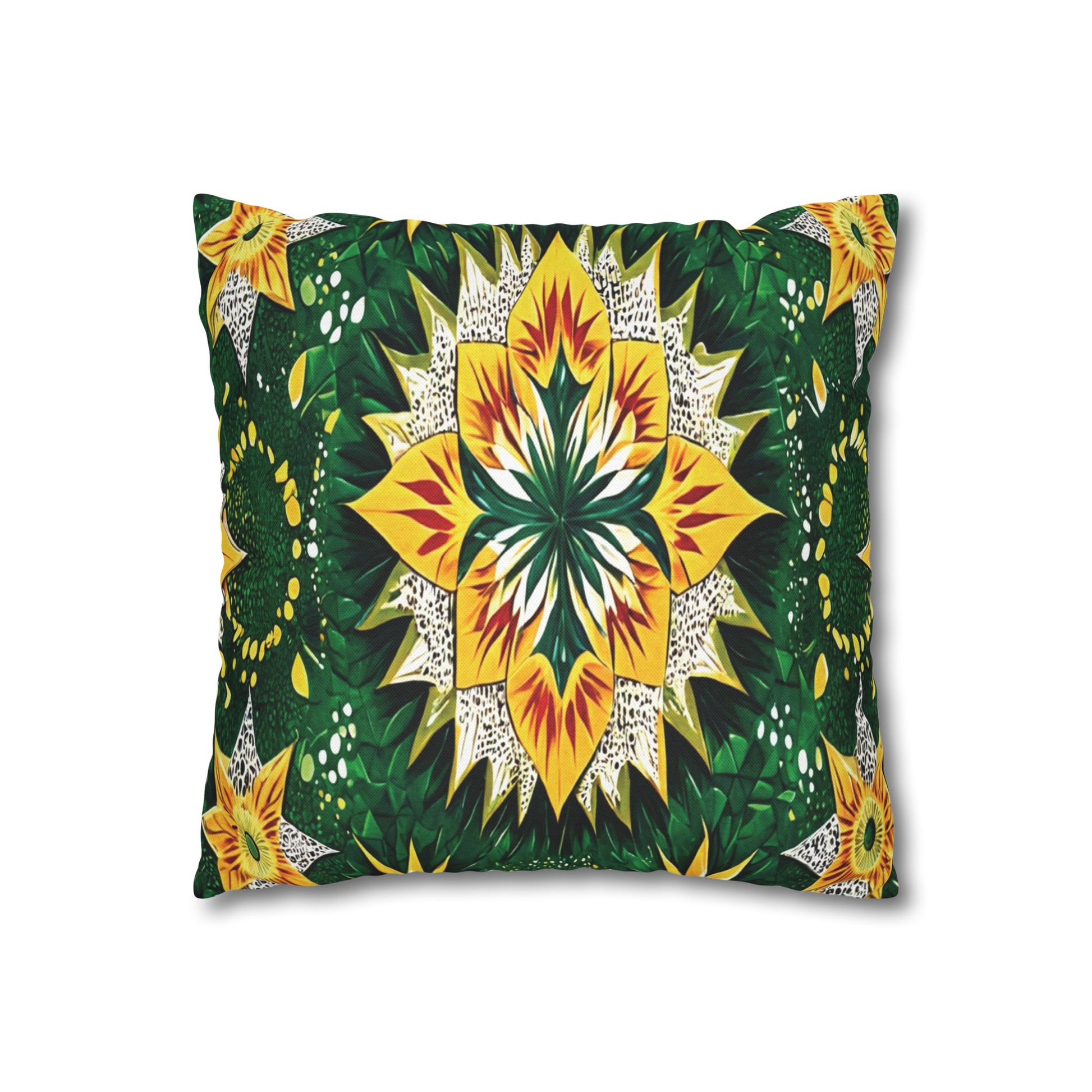 Rectangular pillow with a vibrant mandala design inspired by African-inspired patterns. Yellow, green, and white geometric shapes radiate from the center against a dark green background with textured, leafy details.
