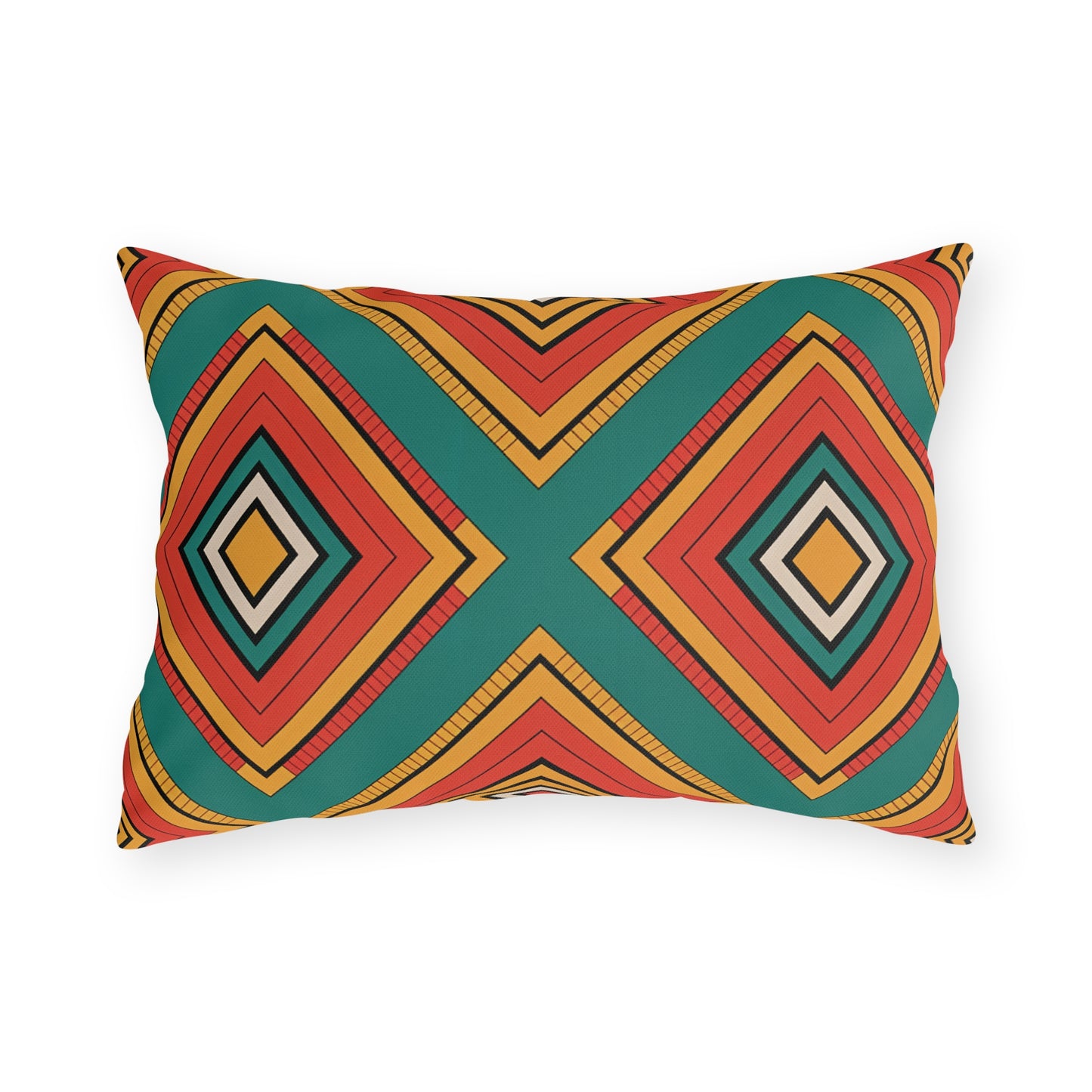 A rectangular outdoor pillow with a bold geometric pattern of concentric diamond shapes in yellow, orange, red, black, and teal. The vibrant, symmetrical customizable design stands out on a white background, with slightly rounded corners and weatherproof materials.