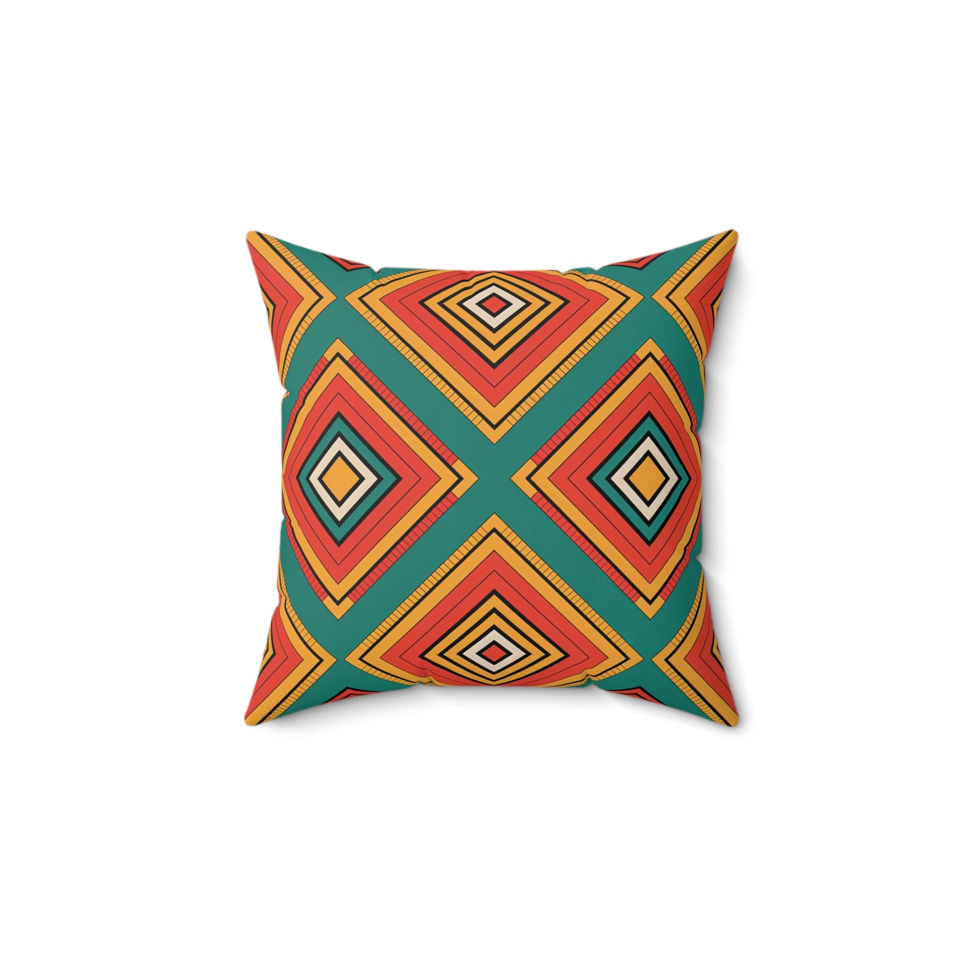 A square faux suede pillow with a bold geometric pattern of layered diamond shapes in red, orange, yellow, and black on a teal background. The vibrant design repeats symmetrically, creating a striking African accent pillow on a white backdrop.