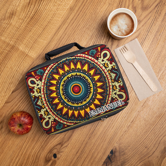 A vibrantly patterned African-inspired lunch bag with the name EMMANUEL sits on a wooden table, next to a red apple, a cardboard cup of frothy coffee, and a wooden fork and knife placed on a brown napkin.