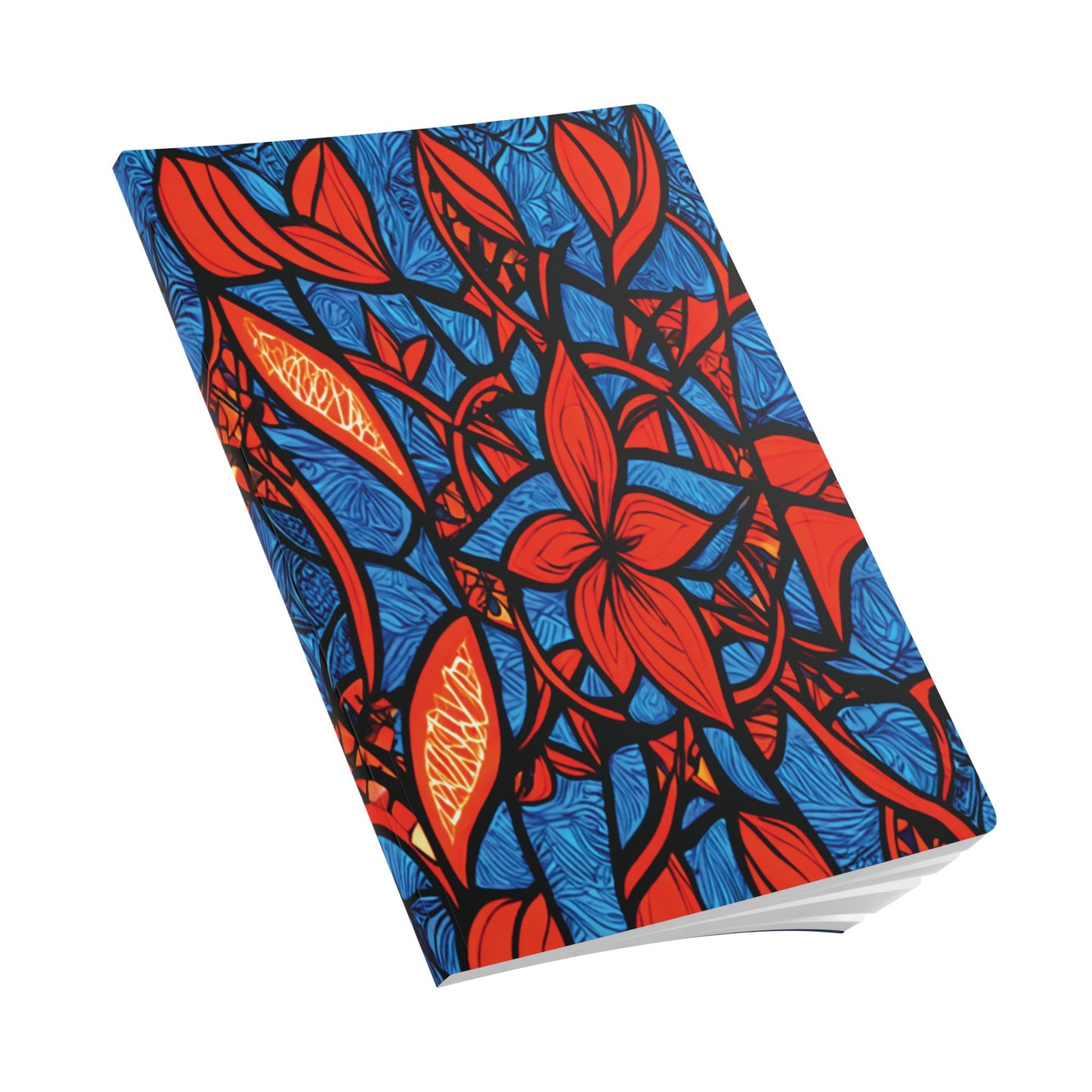 A vibrant African-inspired journal with bold red and orange abstract floral patterns, blue leaves, and swirling blue lines creates a stained glass effect. The closed notebook rests at a slight angle on a white background.