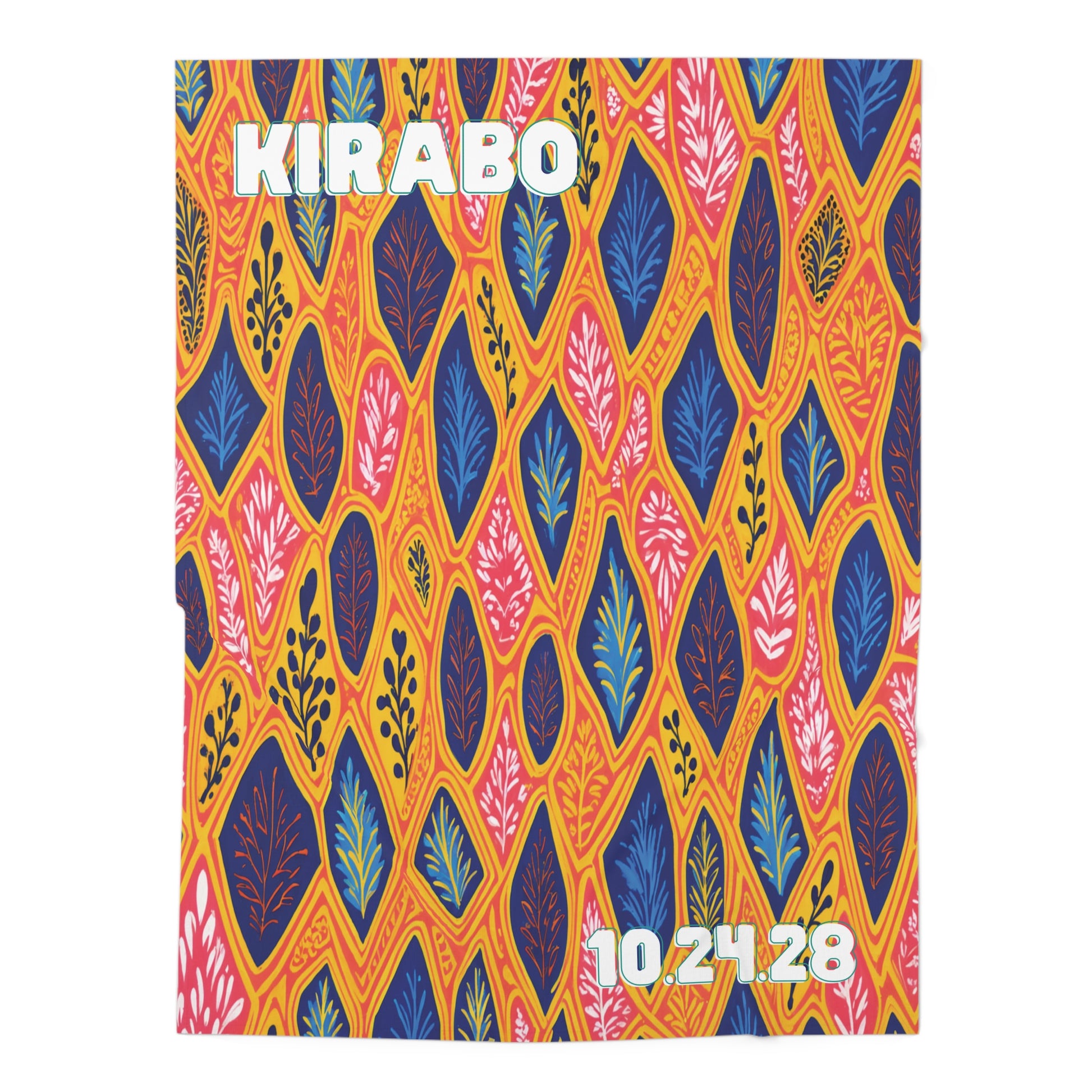 Colorful leaf-shaped patterns in orange, yellow, pink, blue, and black with decorative lines fill this African-inspired decor. Bold white text at the top reads “KIRABO,” and at the bottom right, it says “10.24.28.” The background is vibrant and abstract.