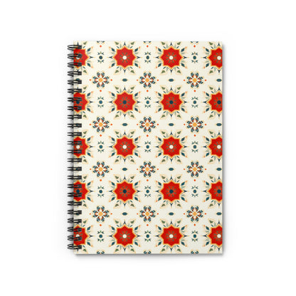 A premium African-inspired spiral notebook with a cream-colored cover, featuring a repeating geometric pattern of red, orange, and green star-shaped designs reminiscent of mandala art. The plain white background highlights its culturally inspired designs.