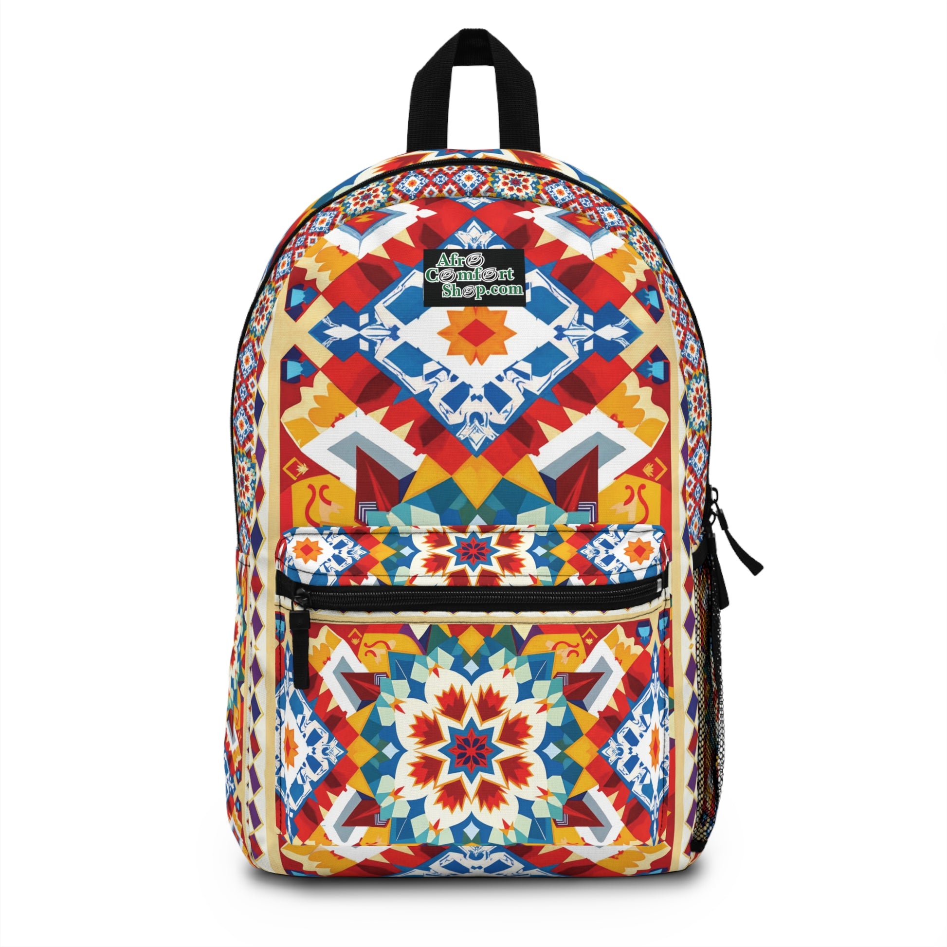 A vibrant backpack with a geometric pattern in red, blue, yellow, and white. This African-inspired backpack features a front zip pocket, black zipper, mesh side pocket, and top handle. “The Content Elephant” logo is printed at the top center.