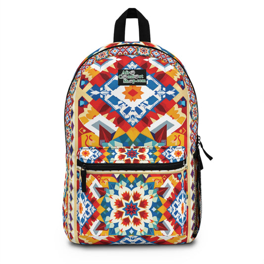 A vibrant backpack with a geometric pattern in red, blue, yellow, and white. This African-inspired backpack features a front zip pocket, black zipper, mesh side pocket, and top handle. “The Content Elephant” logo is printed at the top center.