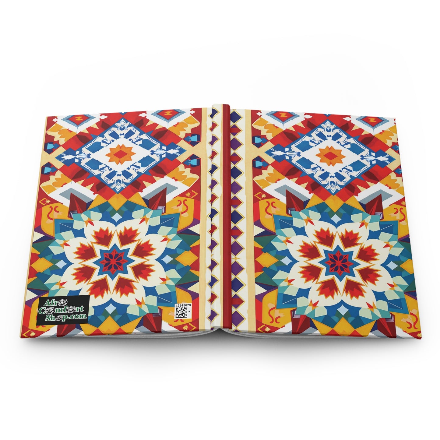An African-inspired notebook with a vibrant geometric cover featuring intricate, colorful patterns in red, blue, yellow, orange, and white. The closed lined journal is symmetrical with star and diamond shapes; text and a small QR code appear at the bottom left corner.