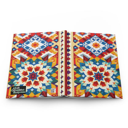 An African-inspired notebook with a vibrant geometric cover featuring intricate, colorful patterns in red, blue, yellow, orange, and white. The closed lined journal is symmetrical with star and diamond shapes; text and a small QR code appear at the bottom left corner.