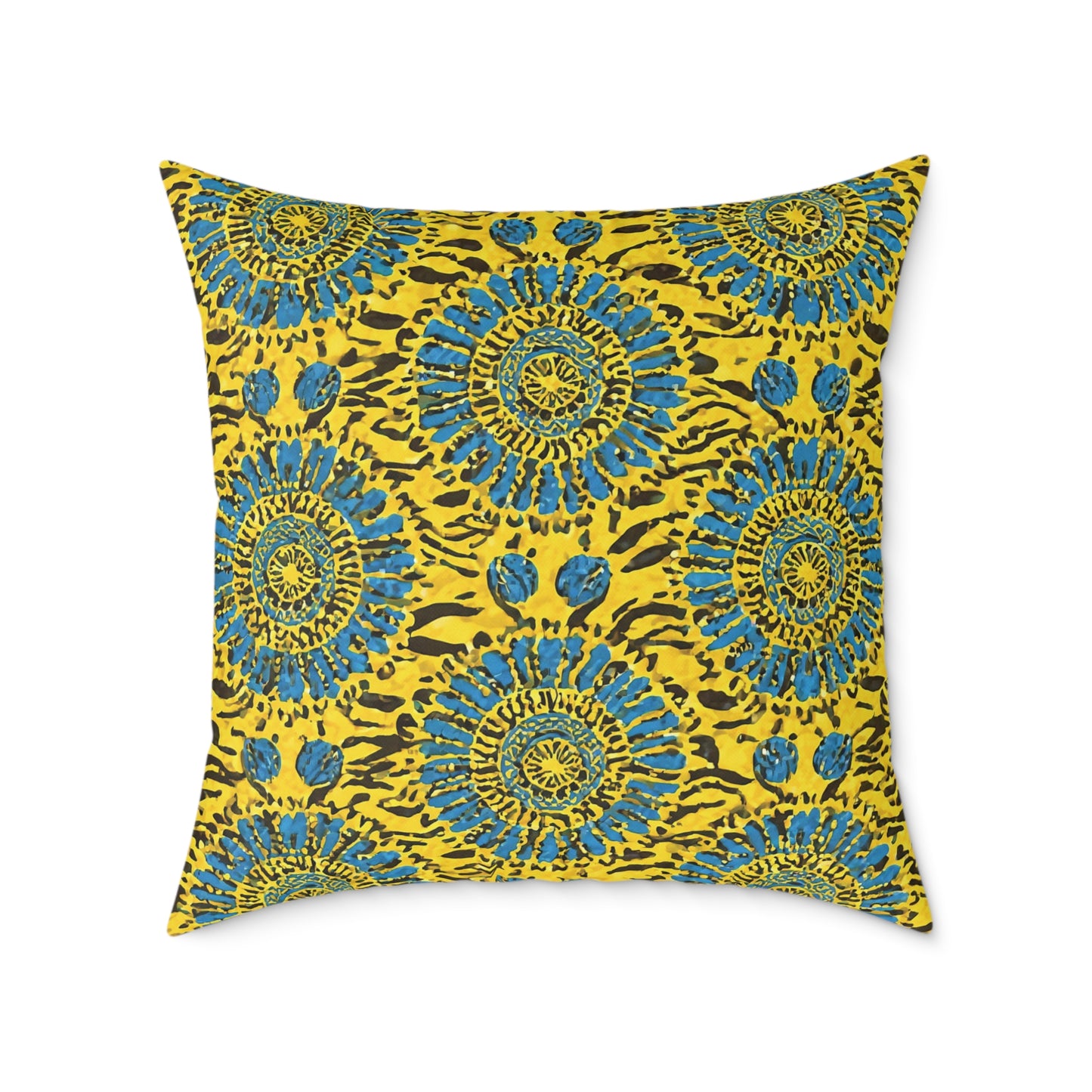 Square vibrant throw pillow with blue circular floral designs radiating outward, set against a bright yellow background with organic black spots and streaks, creates a bold African-inspired pillow perfect for colorful home decor.