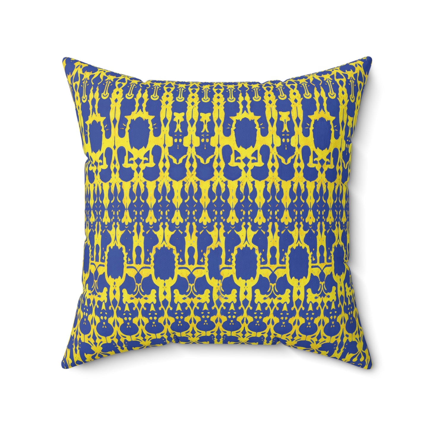 Square African inspired accent pillow with a symmetrical, ornate pattern in yellow and dark blue. The repeating abstract motifs create a bold, decorative look on white faux suede. Pointed corners add style to this unique throw pillow.