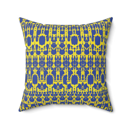 Square African inspired accent pillow with a symmetrical, ornate pattern in yellow and dark blue. The repeating abstract motifs create a bold, decorative look on white faux suede. Pointed corners add style to this unique throw pillow.
