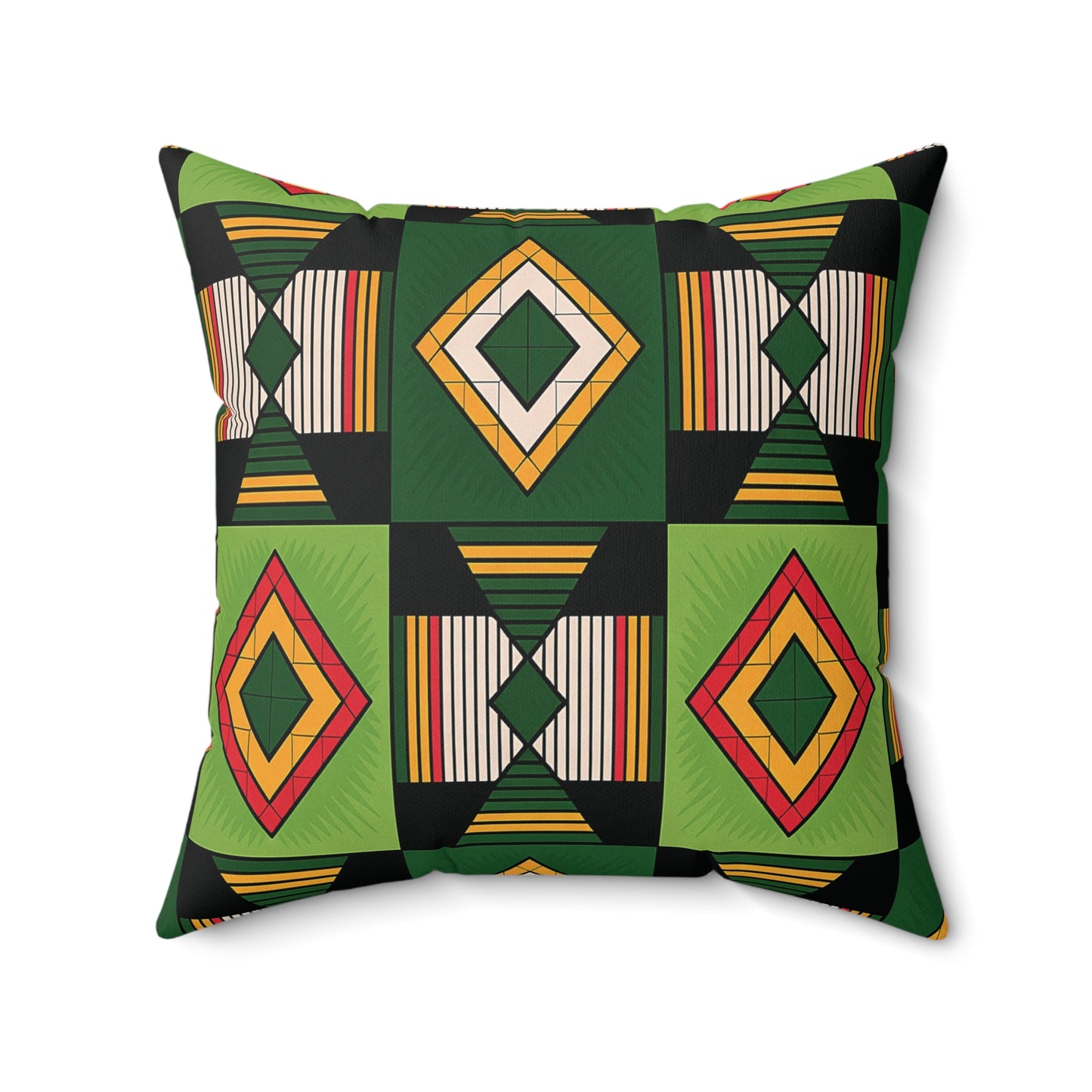 Square decorative throw pillow with a bold, geometric pattern featuring green, black, yellow, and red diamonds and vertical stripes. This colorful faux suede pillow creates a vibrant, symmetrical modern look with an African accent.