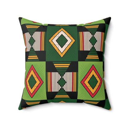 Square decorative throw pillow with a bold, geometric pattern featuring green, black, yellow, and red diamonds and vertical stripes. This colorful faux suede pillow creates a vibrant, symmetrical modern look with an African accent.