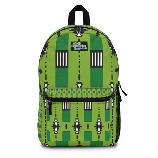 This African-inspired backpack has a green base with bold black, white, and dark green geometric patterns. “Just Content Slayz.com” stands out on the front pocket, making this travel backpack both eye-catching and practical.