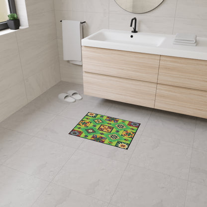 A modern bathroom with light wood cabinetry, white sink, and black faucet. A colorful, geometric patterned green mat with non-slip rubber backing is on the gray tiled floor. The space is bright, minimalistic, and features African-inspired aesthetics.