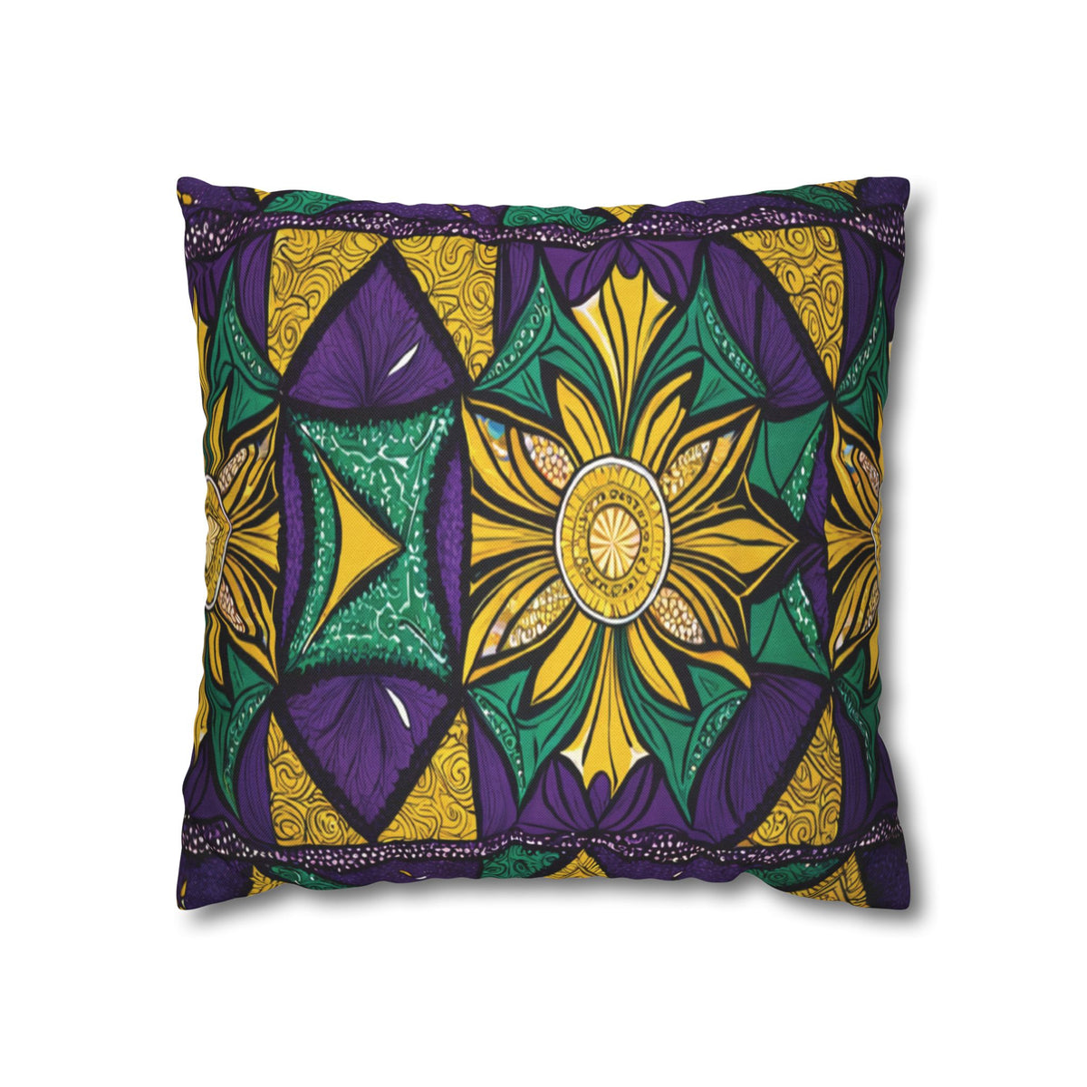 A rectangular pillow with bold, African-inspired patterns in purple, gold, green, and black. The design features a central star-like flower, swirling details, and repeating triangles and fan motifs on a white background.